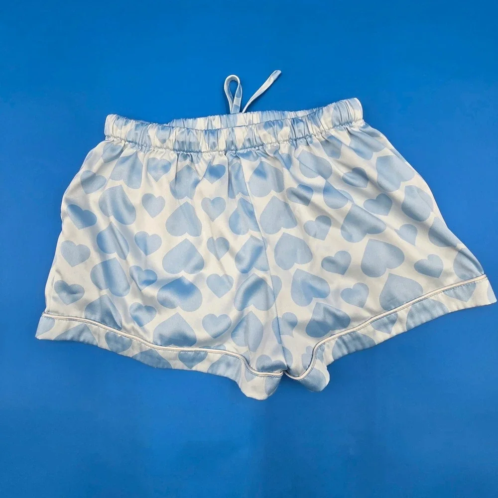 Forever 21 Hello Kitty Sanrio Satin Pajama Set Blue Heart‎ Shorts Top Womens S